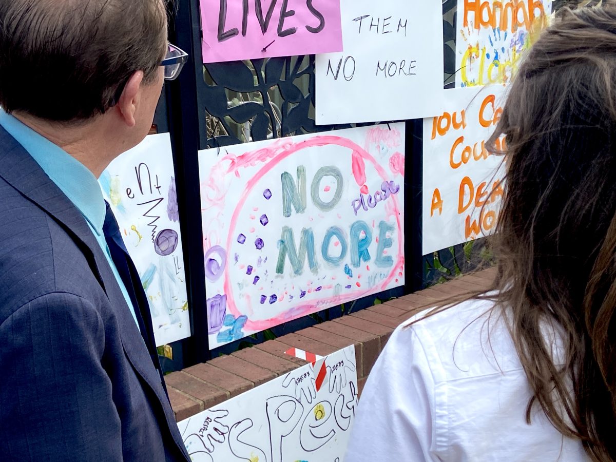 Wagga MP Dr Joe McGirr and Wagga Women’s Health Centre director Johanna Elms examine some of the signs created for last week's rally. 