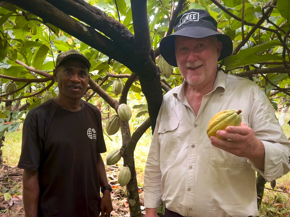 two men standing in a cacao plantation