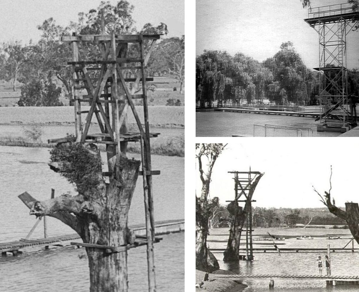 old photos of a town's diving towers