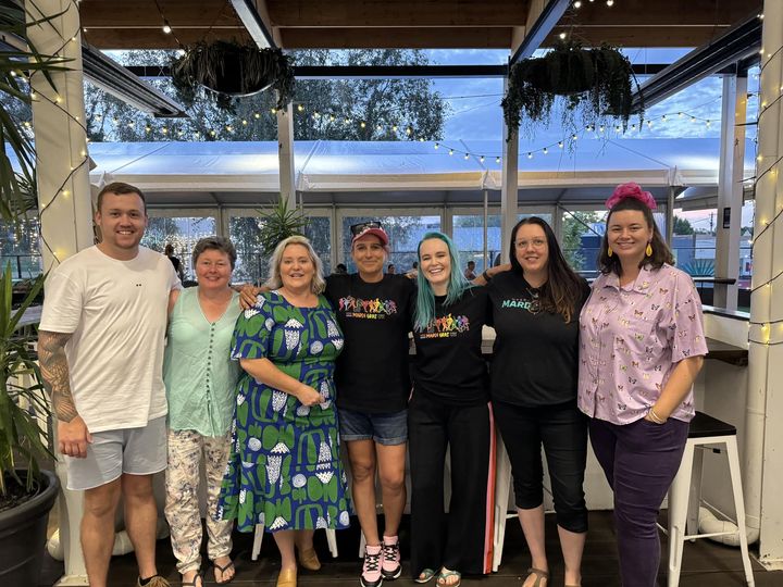 The Wagga Wagga Mardi Gras Festival Committee members (from left): Matt Luff, Christina Scurr, Helen Foley, Holly Conroy, Margot Schoonmaker, Cristy Houghton, and Alex Osgood. 