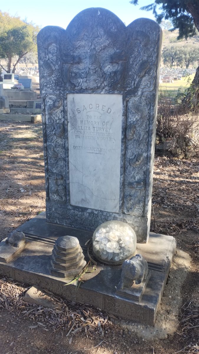 The Turvey's Chinese style headstone was relocated to Wagga Monumental Cemetery.