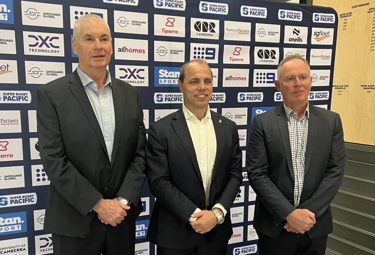 Brumbies CEO Phil Thomson, Rugby Australia CEO Phil Waugh and Brumbies chair Matt Knobbs