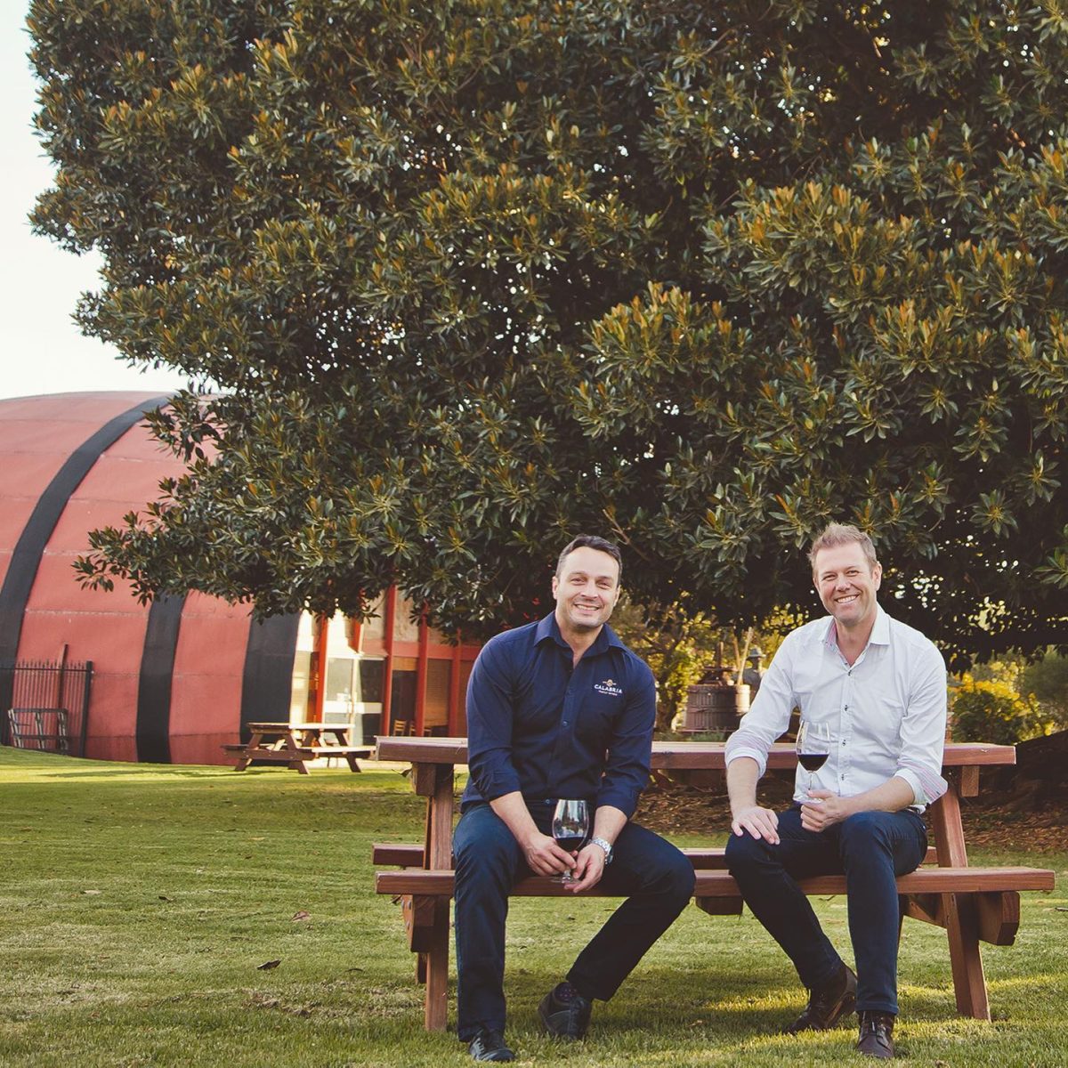 Two men drinking wine outside