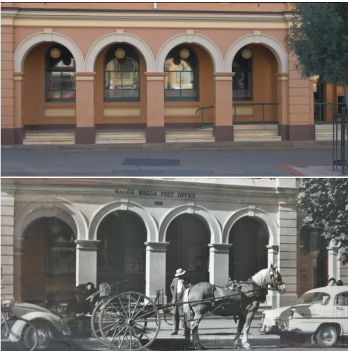 Peg Westcott's "Now and then" comparison of the old Wagga Post Office today and in the 1950s.