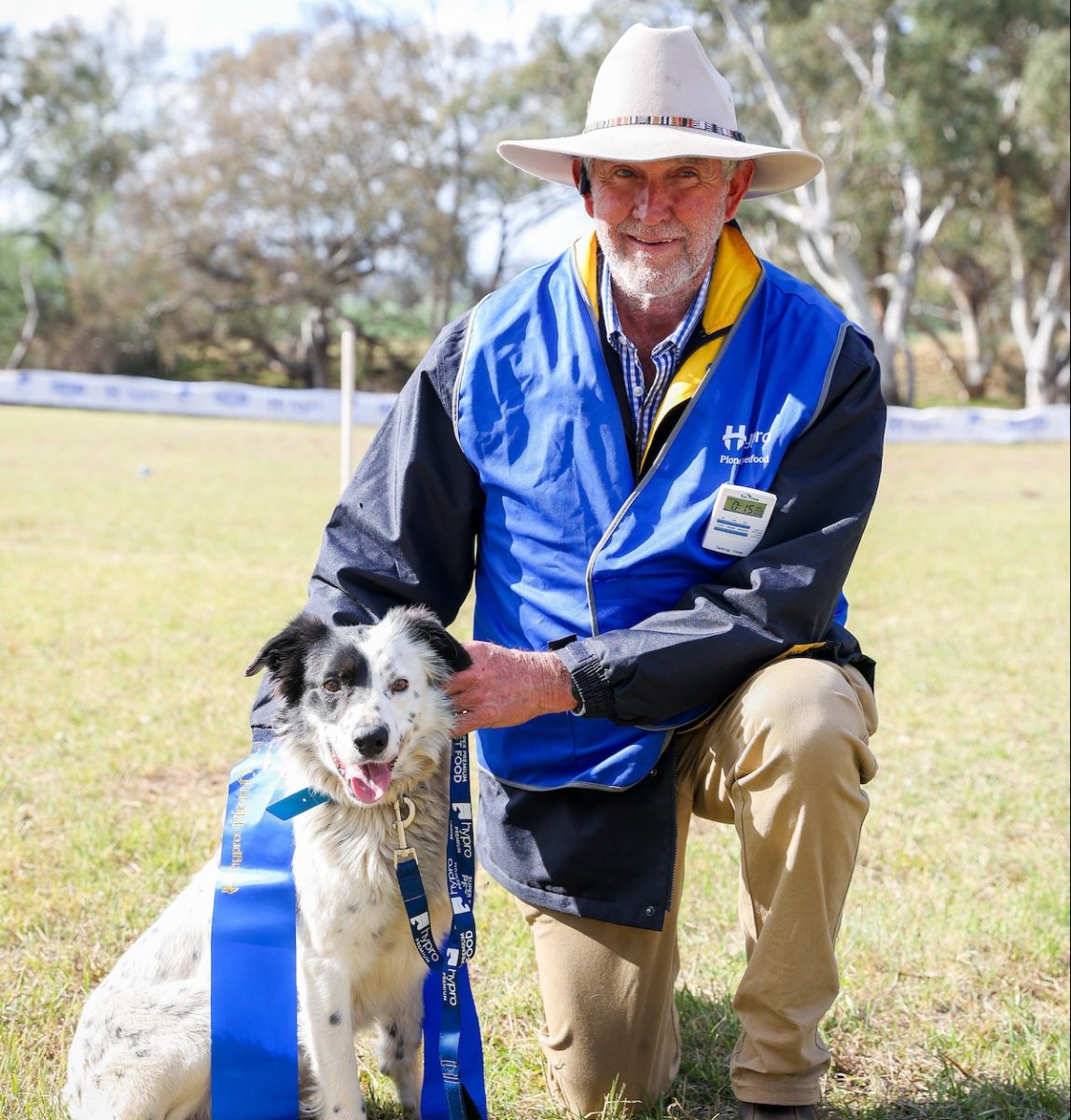 Bredbo trialler Will Goggin and Bredbo Scooter after winning the Hypro Henty Three Sheep Dog Trial. 