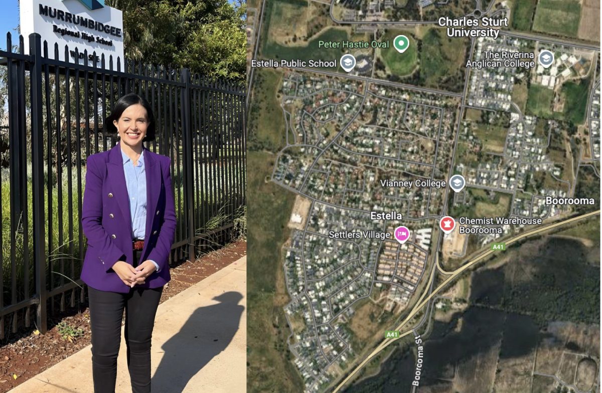 combined images of a woman standing outside a fence, and an aerial view of a suburb