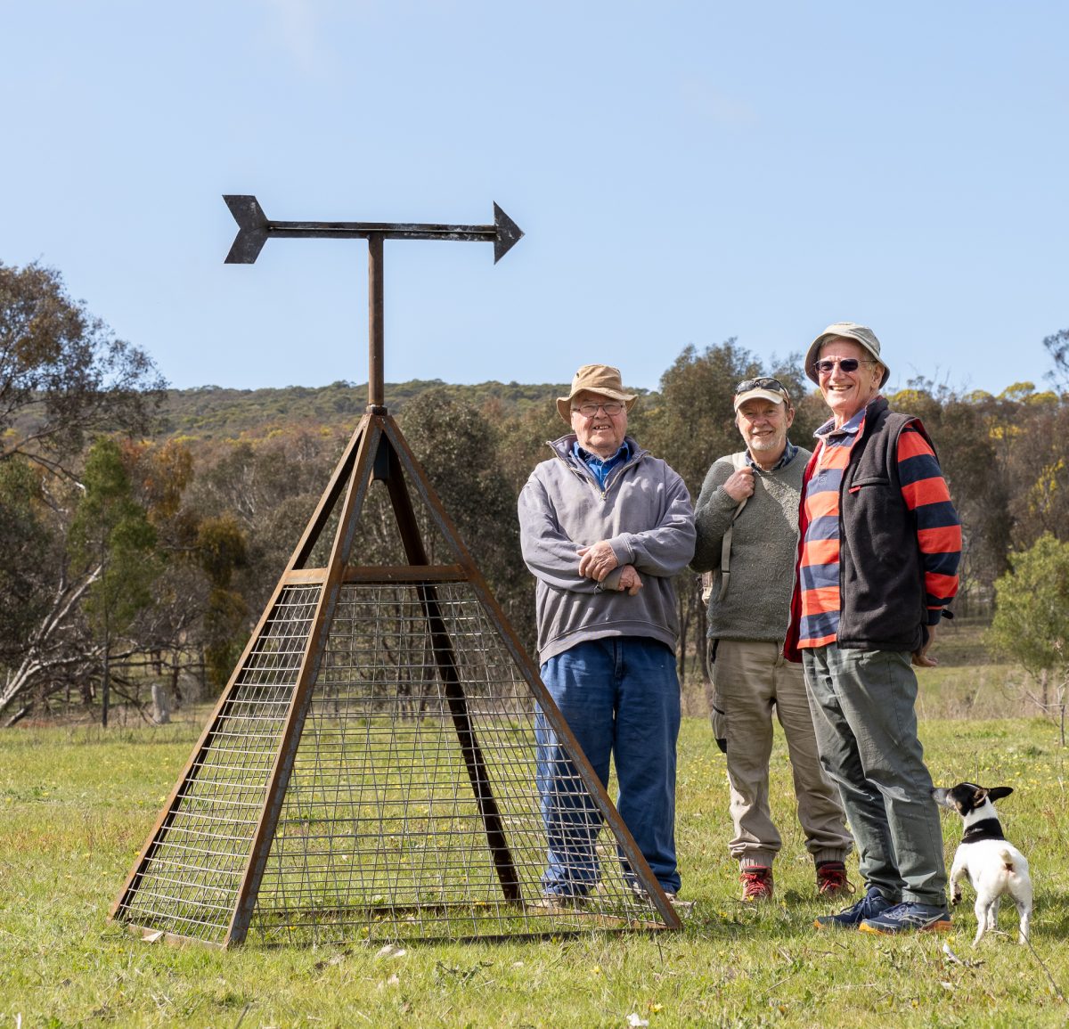 Roger Paterson, Phil Rouvray and Rob Simmons with the memorial cairn frame that was helicoptered to the summit of Table Top Mountain and placed as a commemoration to the Hume Hovell expedition 200 years ago. Walkers will have the chance to place a rock in the cairn on top of the mountain as part of the significant event. 