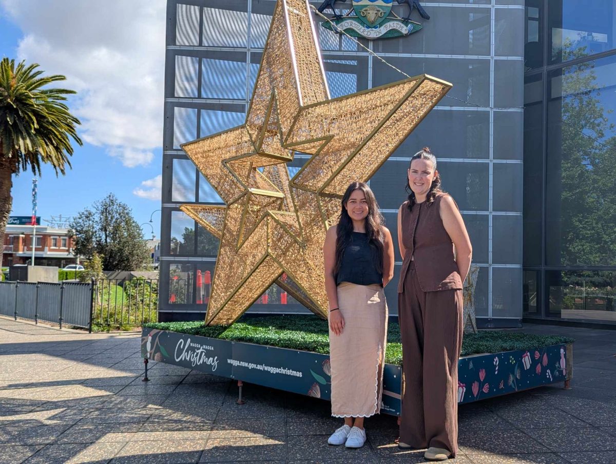 two women standing next to a large Christmas star street decoration