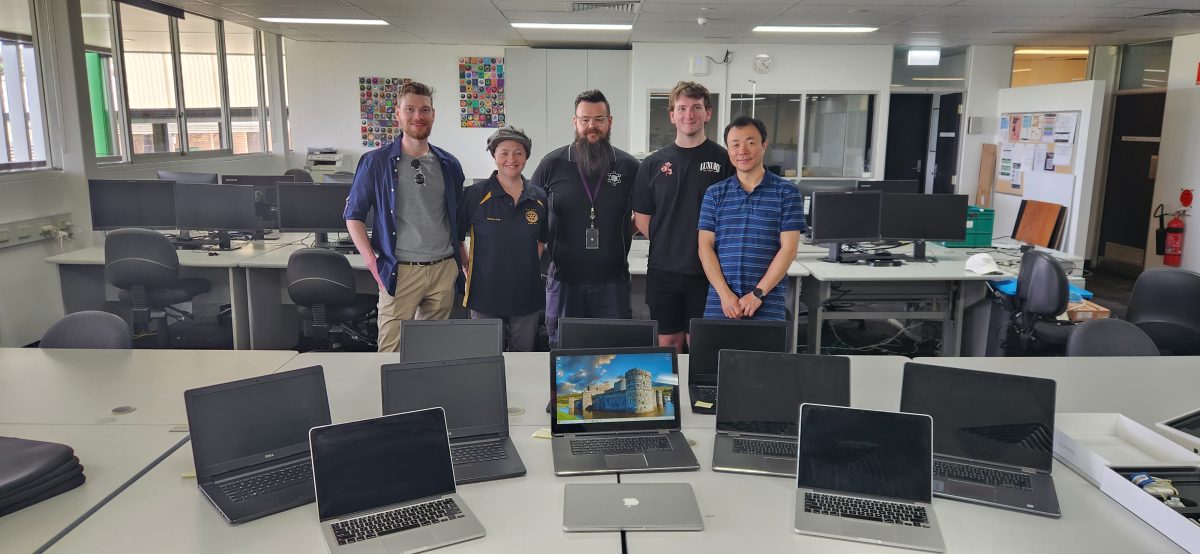 Anthony Broughton (TAFE NSW IT education support officer), Tracey Lee Walker (Rotary Club of Albury Hume), Joel Sulman (director iStartup Tech Solutions), Ashton Carmody (TAFE NSW trainee), and Kevin Liao (TAFE NSW ICT teacher).