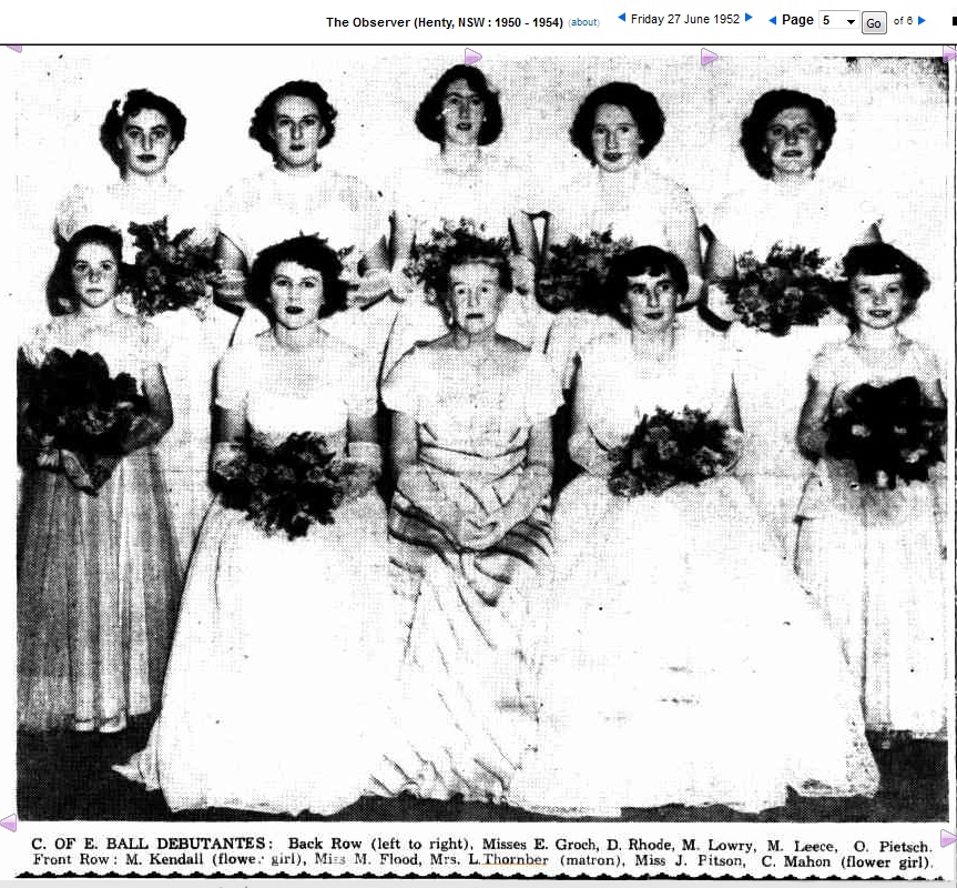 Armie Thornber (centre) was about 69 when she served as a Matron of Honour introducing debutantes in the Riverina.