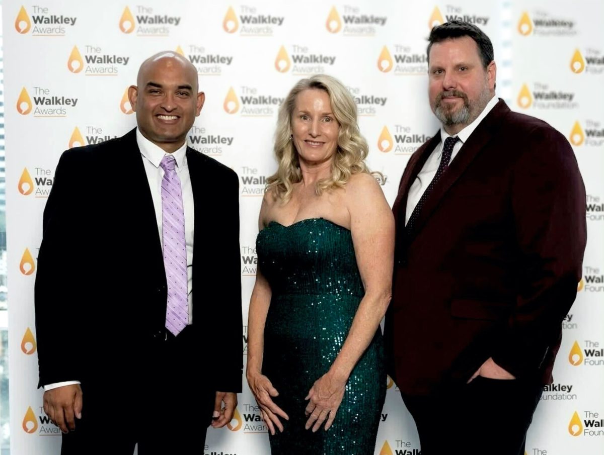 Oliver Jacques, Kim Treasure and Chris Roe at the 2024 Walkley Awards.