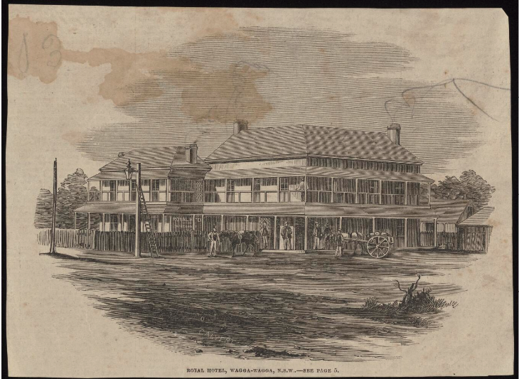 A woodcut print of the original Royal Hotel, Wagga Wagga. 