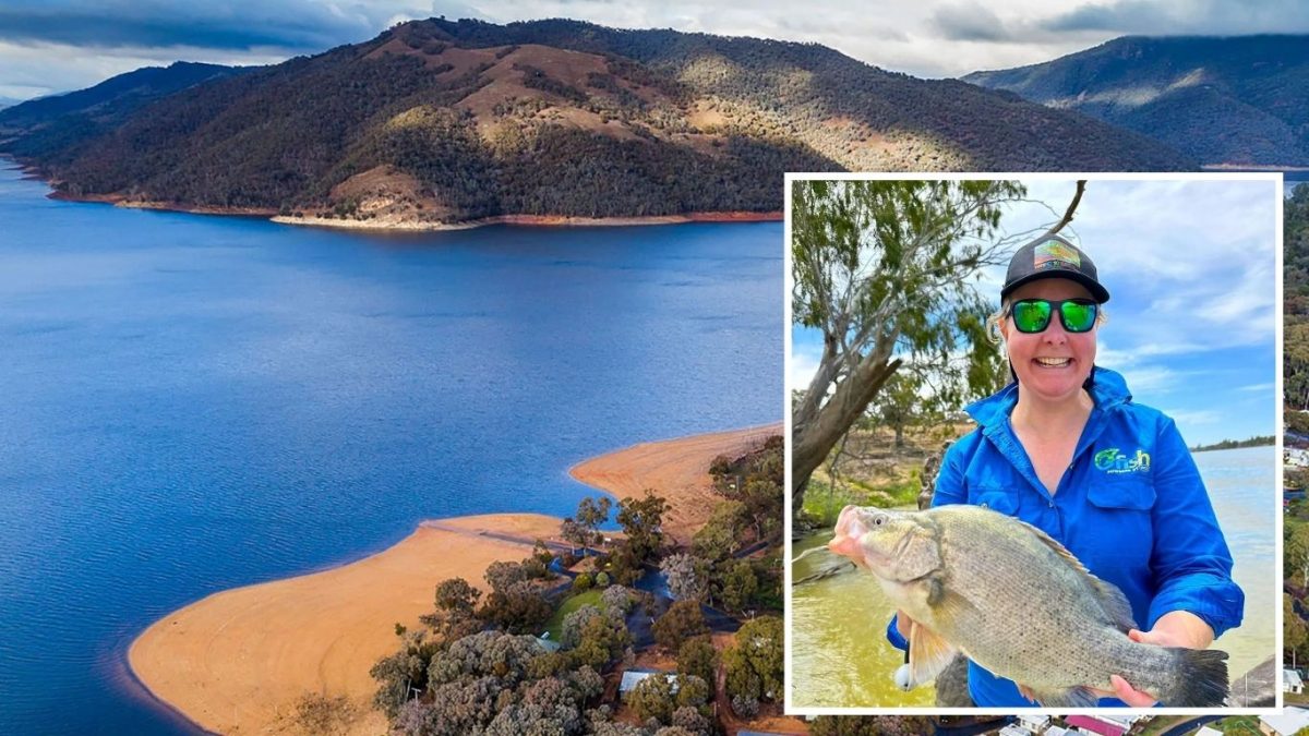 photo of a woman holding a fish, superimposed on a lake