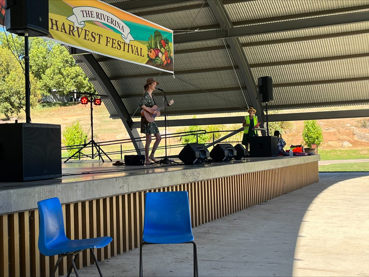 a woman playing guitar and singing on a stage 