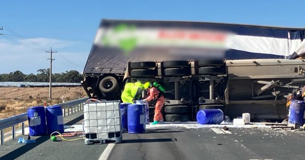 Firefighters contain major chemical spill 30 hours following a fatal collision on Sturt Highway