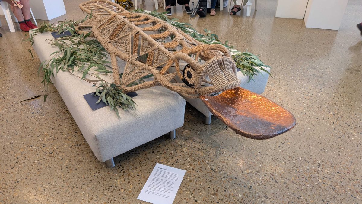 A two-metre platypus woven by nine local artists headlines a new exhibition at TAFE NSW's Gallery43.