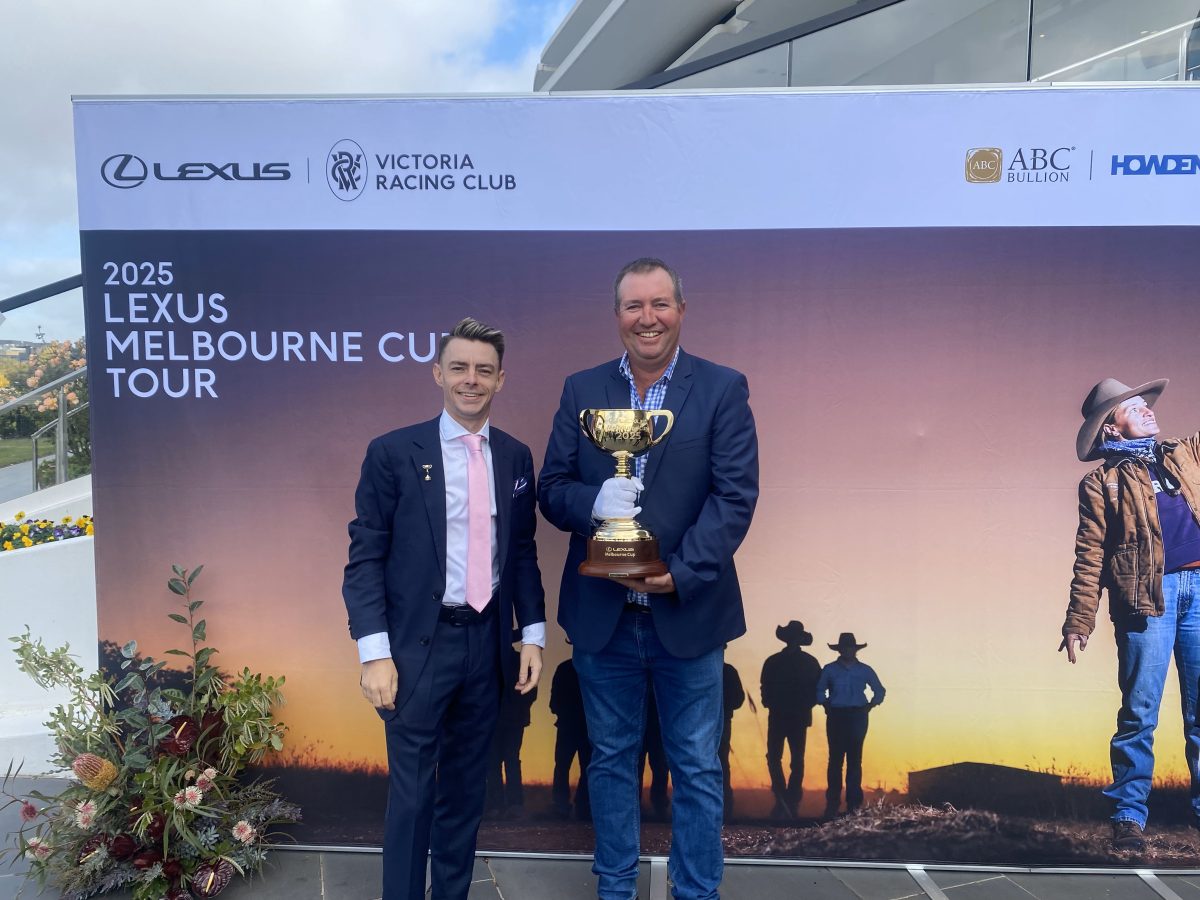Burrumbuttock's Brendan Mott (right) with last year's winning jockey Robbie Dolan. The small Riverina village's 150th celebrations will get the golden touch when the Melbourne Cup Tour brings excitement to its historic milestone event in October this year.