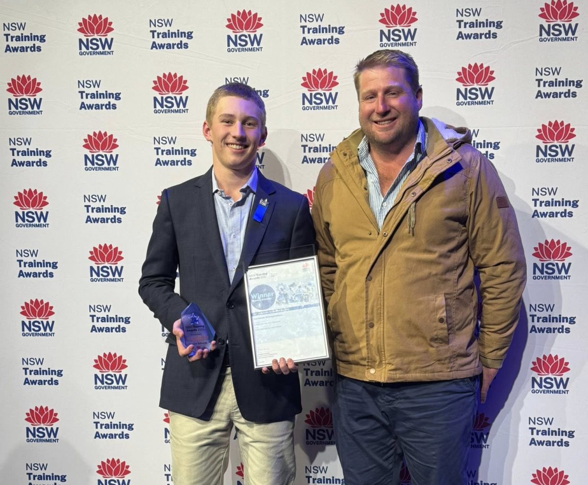 Yanco Agricultural High School captain Dominic Edwards and his trainer, Luke Collins at the NSW Training Awards.