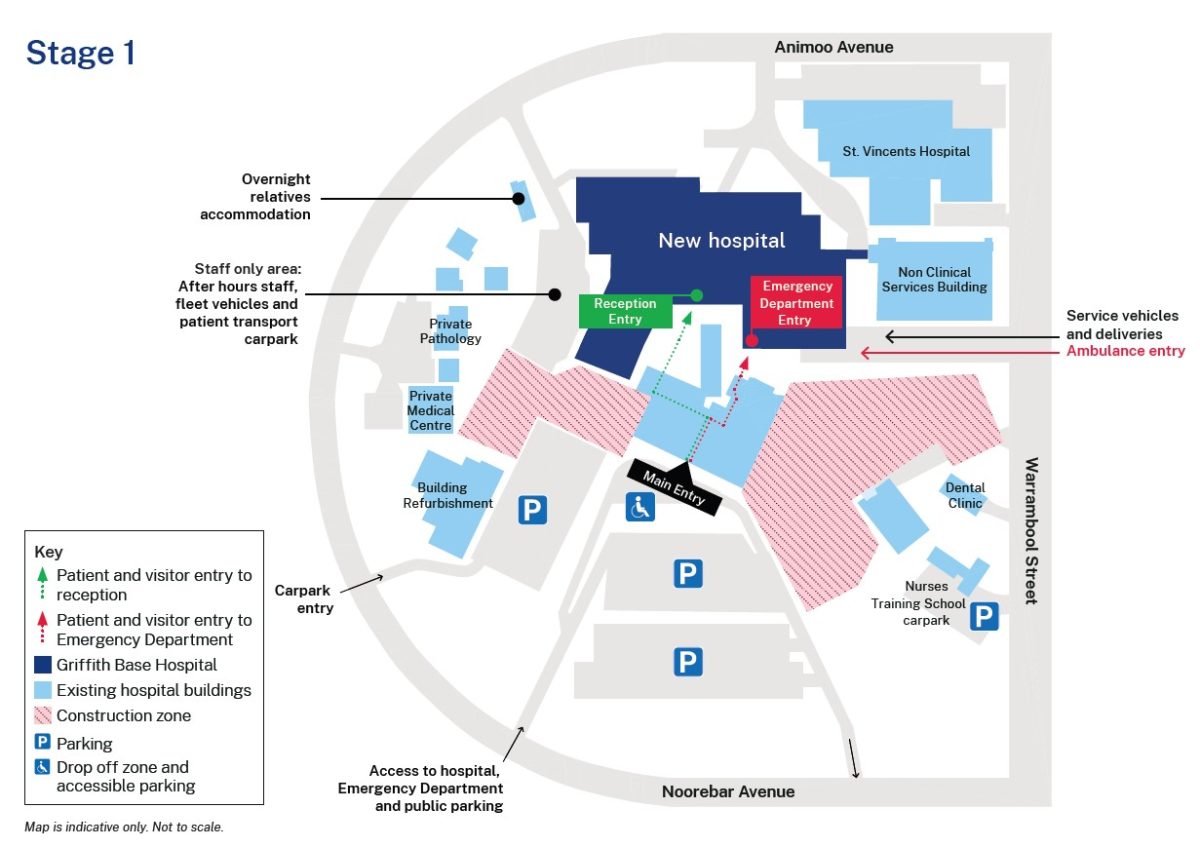 map showing new hospital's parking and access points