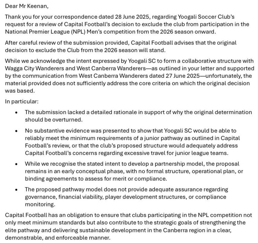 letter from Capital Football