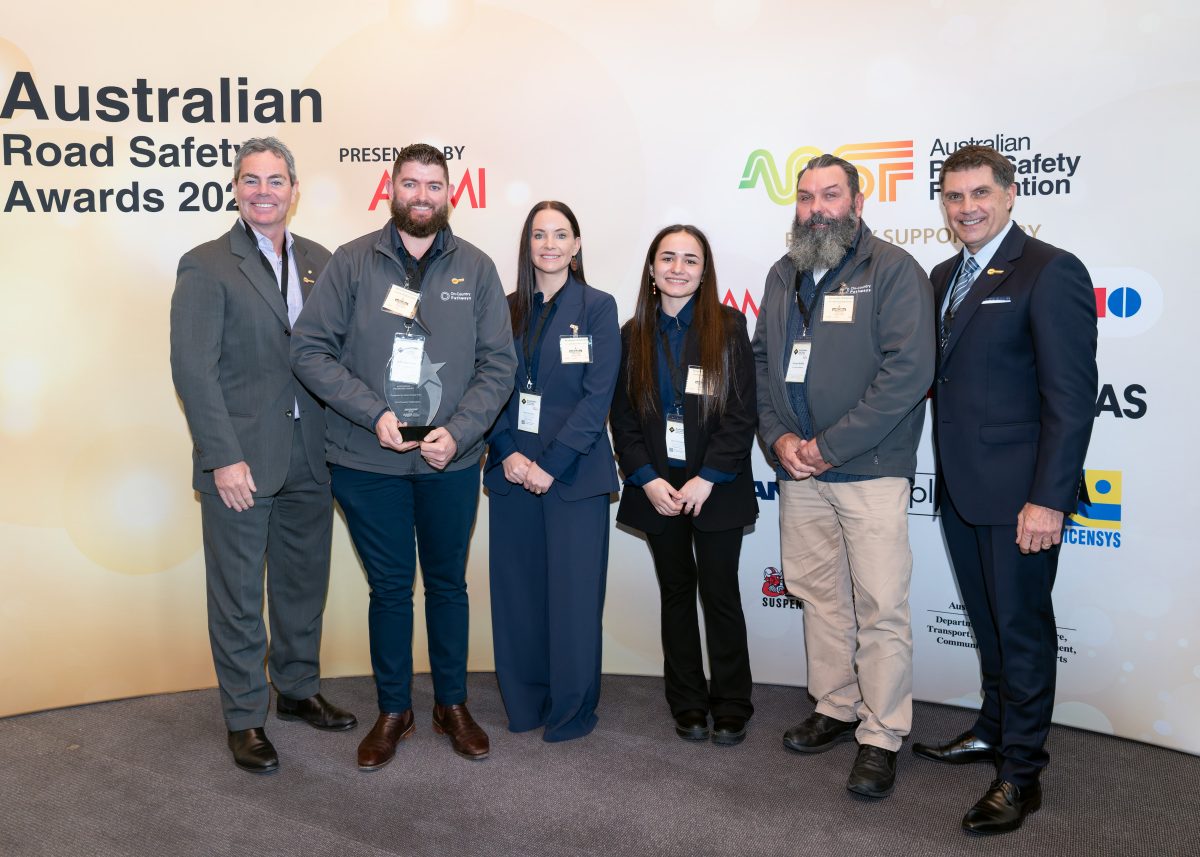 ARSF Ambassador and Supercar Champion Craig Lowndes, OCP General Manager Jebb Hutchison, OCP Program Manager Catherine Coysh, Driver-Mentor Program participant Jakohda Holland-Wiesner, OCP Program Manager Darren Moffitt, and Russell White, founder and chair of the Australian Road Safety Foundation, at the ARSF Awards event at Parliament House, Canberra. 