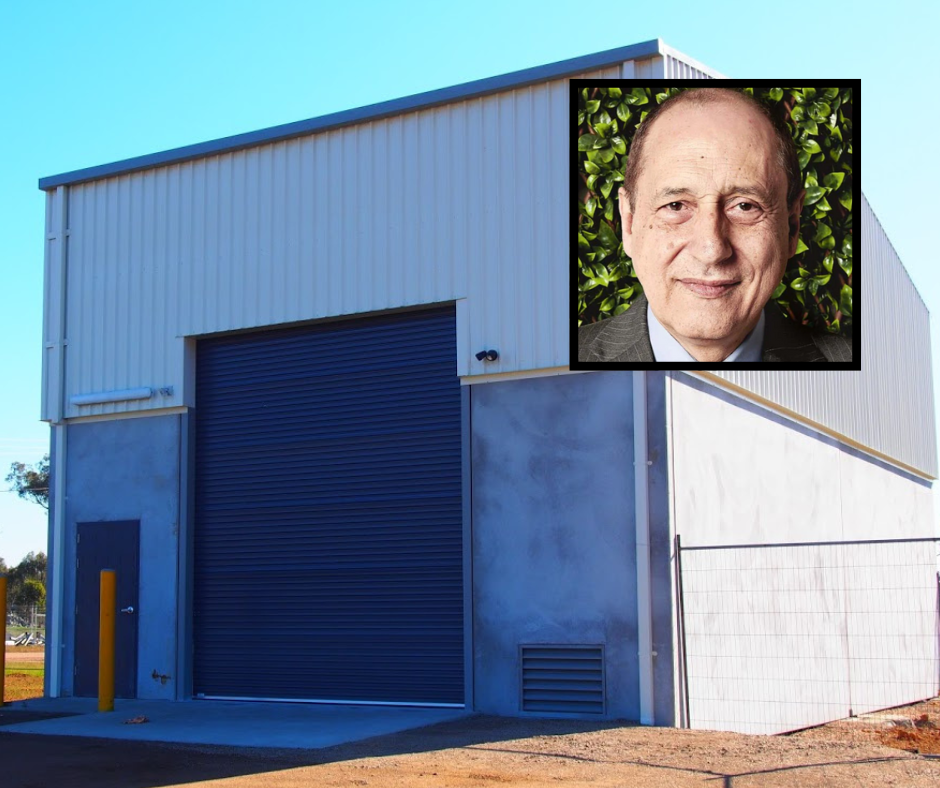 A composite photo of a building's exterior and inset of a man's headshot