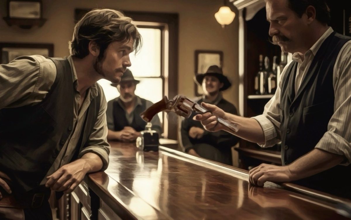AI image of two men with a gun at a bar in the 1870s