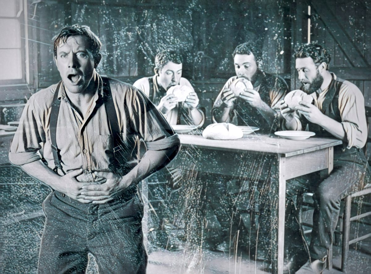 AI image of three men eating at a table, with another man feeling ill and holding his stomach.