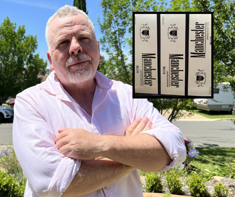 man with his arms crossed, and an inset of cigarette packs