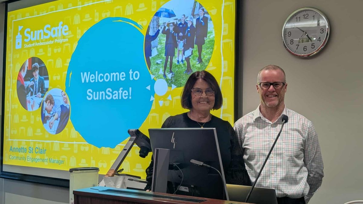 Melanoma Institute Australia's Annette St Clair and melanoma survivor Troy Maiden delivered a message to local school students about the importance of being sun safe.