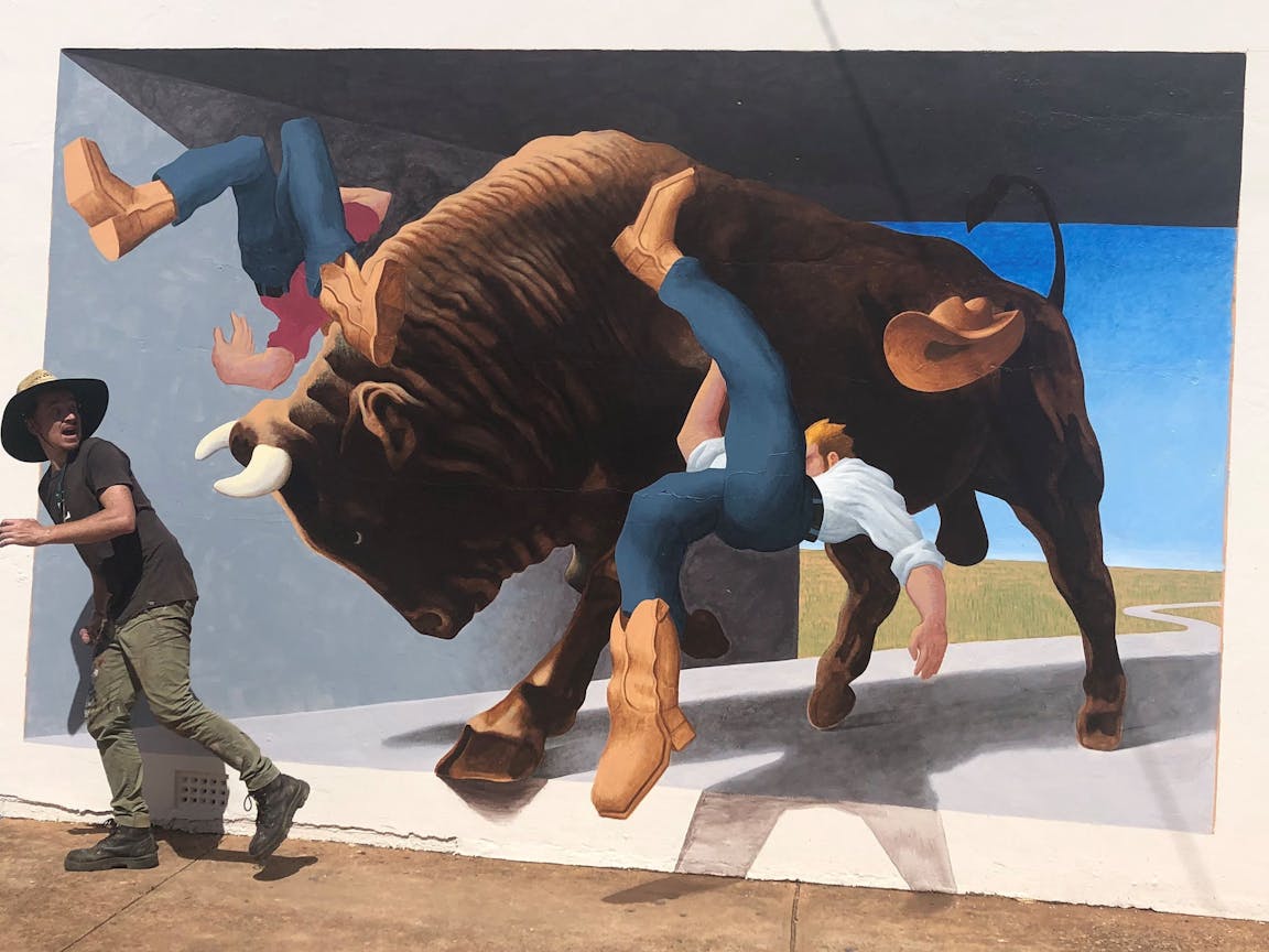 The mural plays with depth and perception to create a striking 3D mural.