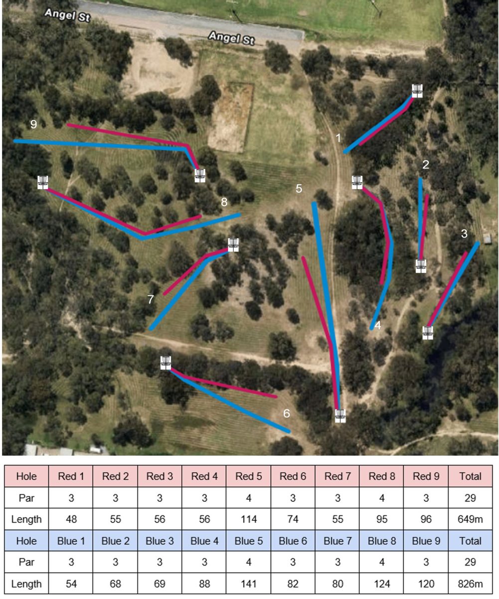 An aerial view of a disc golf course