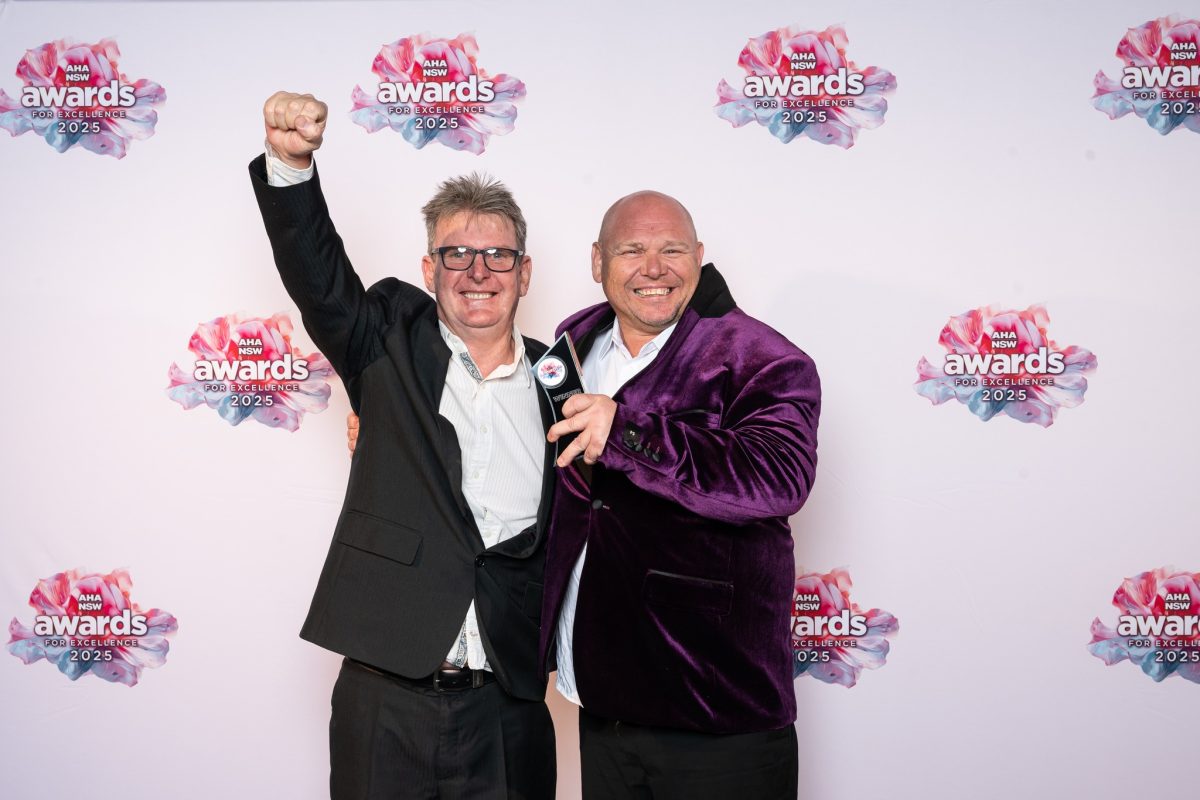 Railway Hotel owner Dave Boswell and head chef Mark Elsley celebrate their parmi taking home the title of Best Parmigiana in NSW. 