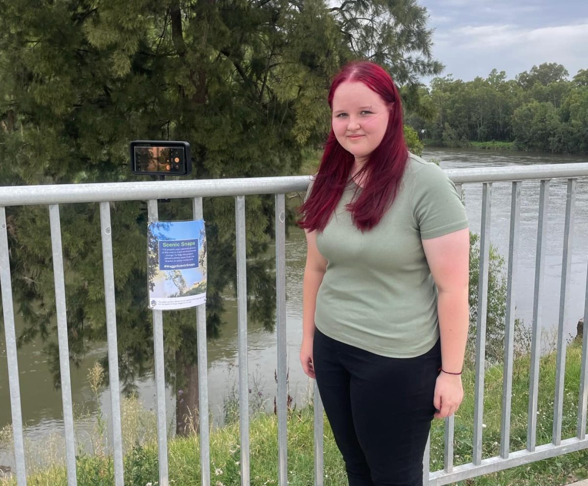 Sarah with her Design and Technology project along the Murrumbidgee River. 
