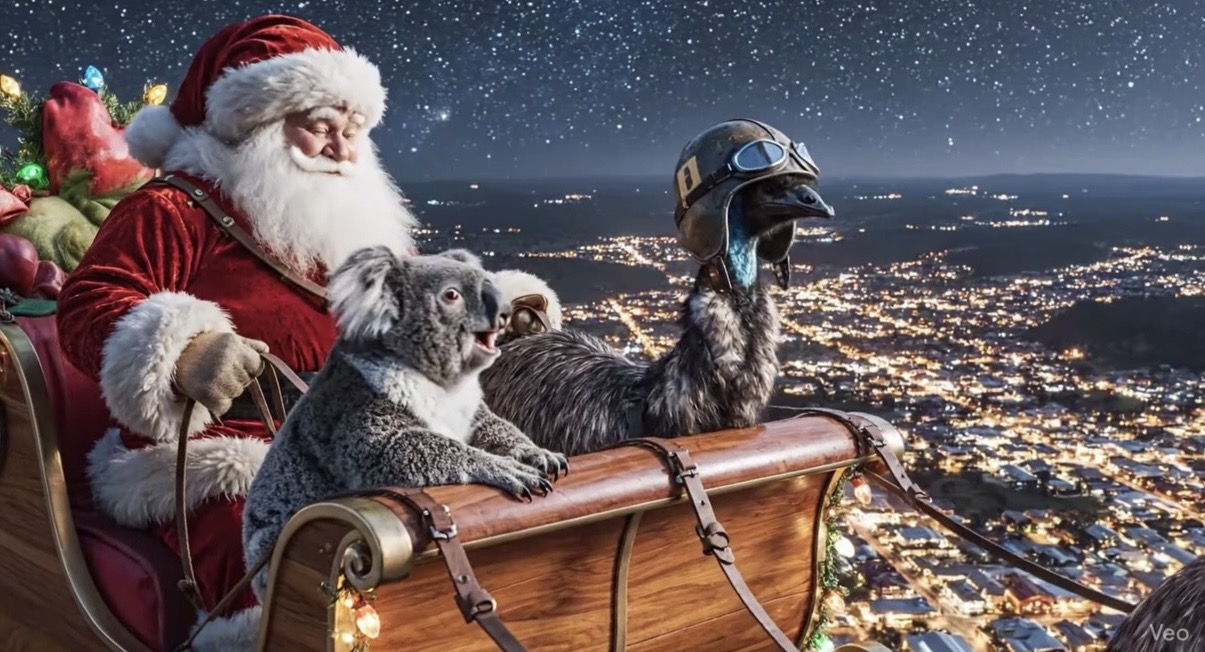 Santa flying in a sleigh at night over a town, with a koala and an emu.