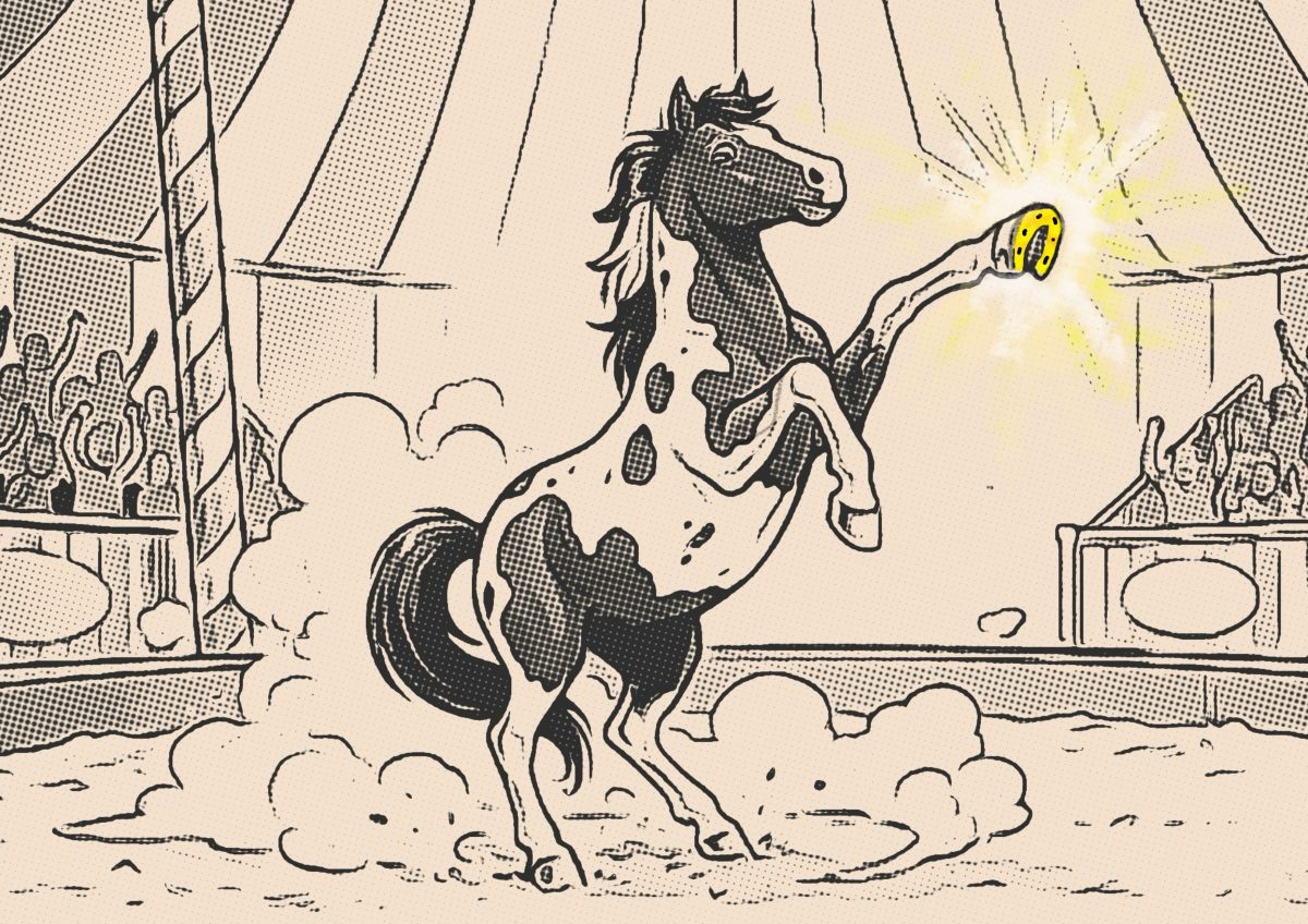 cartoon of a prancing horse with a golden horseshoe