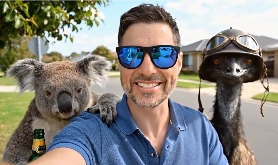 A smiling man in sunnies with a koala and an emu