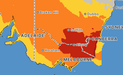 map showing heatwave areas