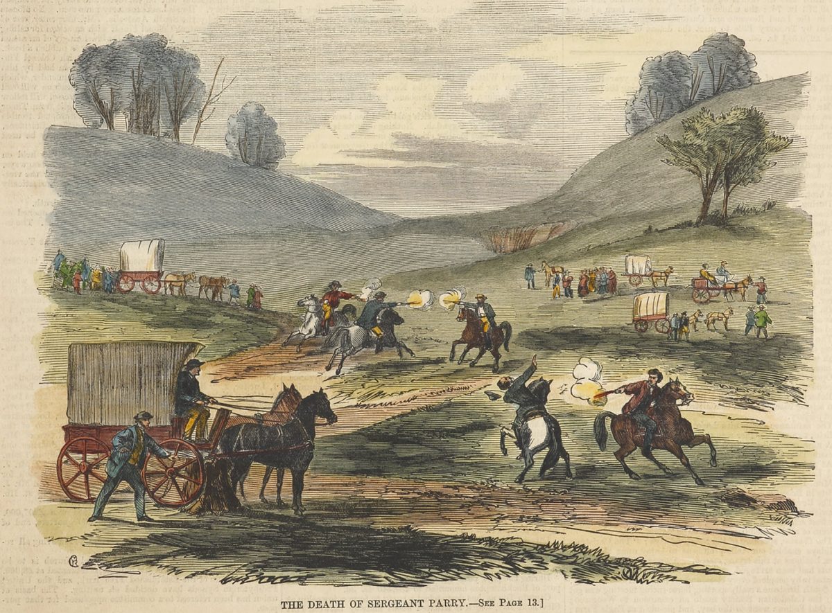 An engraving depicting the shooting of Sergeant Parry by bushranger John Gilbert at Black Springs. 