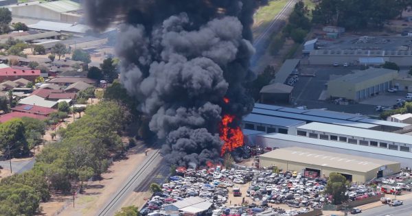 Wagga firefighters save residential buildings after nine-hour fight against wild car yard blaze